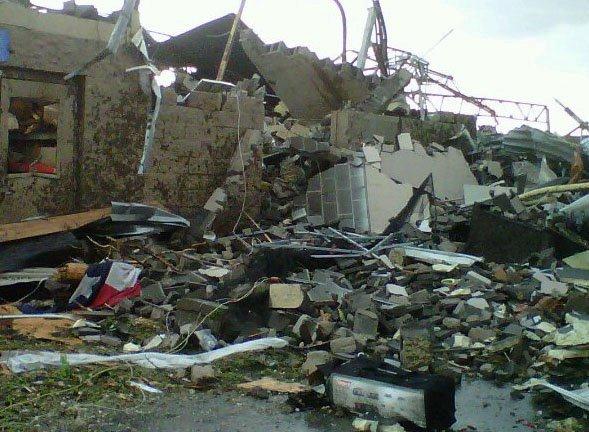 Entire building reduced to a large pile of rubble during the tornado.